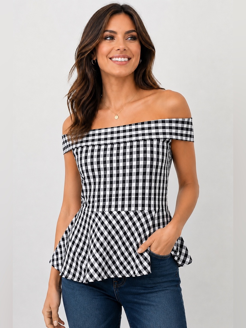 EXPRESS Off-Shoulder Black & White Gingham Plaid Peplum Top